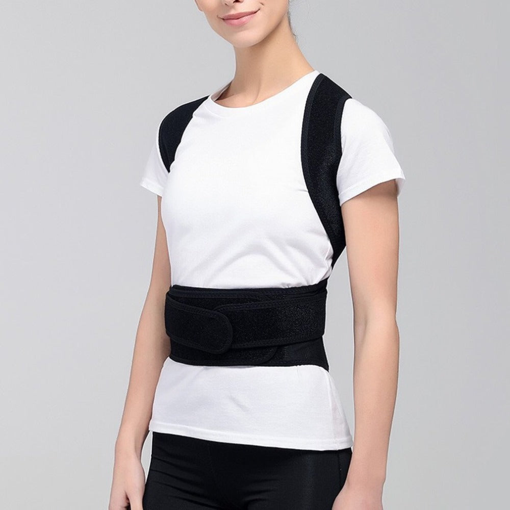 Woman wearing a Spine Bending Posture Corrector for improved posture and support. Focus on po.