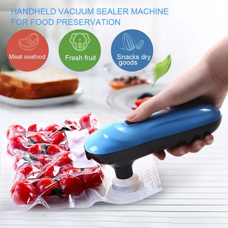 Handheld vacuum sealer machine in use for food preservation, sealing fresh fruit and snacks.