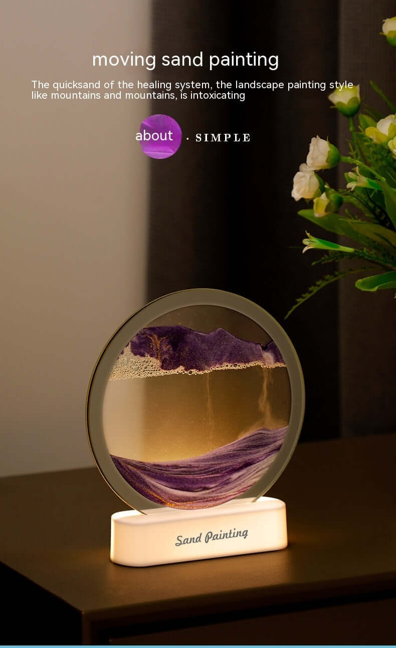 Bedside LED Table Lamp Creative Quicksand Painting Night Light with purple and sand landscape design.