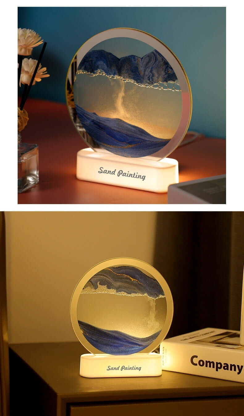 Bedside LED table lamp featuring creative quicksand painting design, perfect night light for bedroom decor.