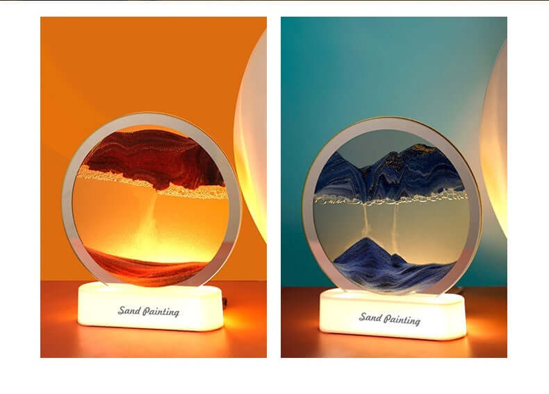Bedside LED table lamp featuring creative quicksand painting in warm and cool colors.