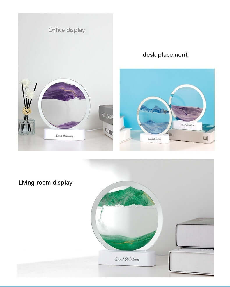 Bedside LED table lamp featuring creative quicksand painting, showcased in office, desk, and living room settings.