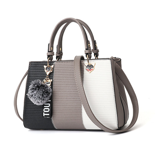 Women’s Patchwork Handbag with Hairball Ornament