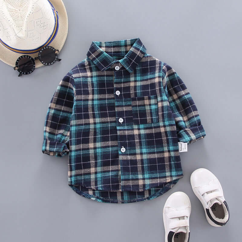 Kids Plaid Long Sleeve Shirt in navy blue and green color, casual style with plaid pattern, perfect for kids' leisure wear.