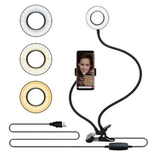 LED Selfie Ring Light with 3 light colors and phone holder for adjustable makeup and streaming.