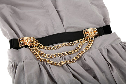 Women’s Elastic Dress Belt with Gold Chain Rivet – Punk Style
