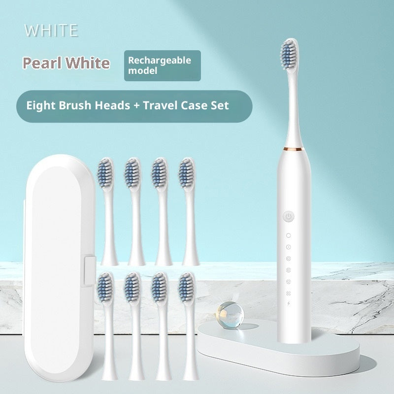 Soft-bristle toothbrush rechargeable automatic electric toothbrush with eight brush heads and travel case set.