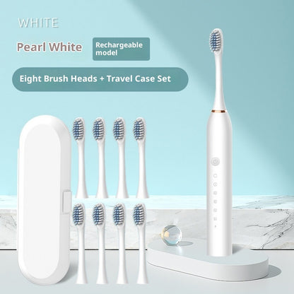 Soft-bristle toothbrush rechargeable automatic electric toothbrush with eight brush heads and travel case set.