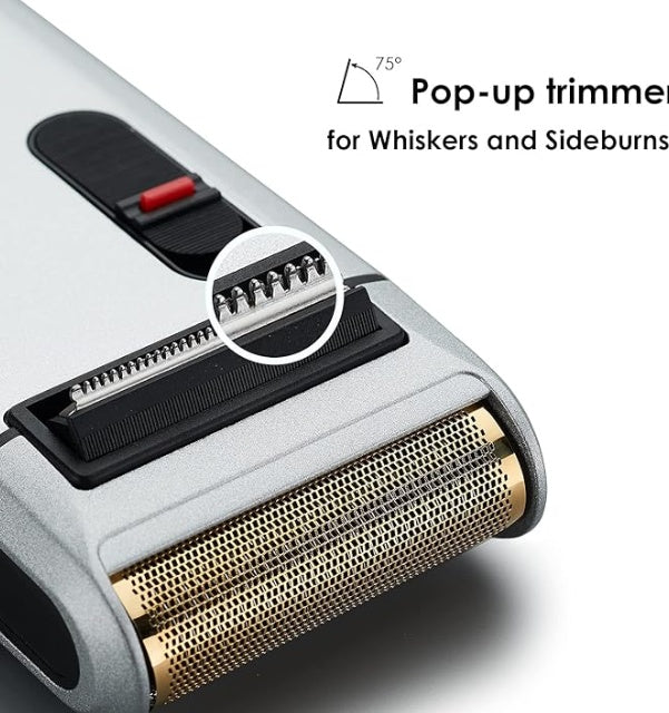 Close-up of the Retro Electric Shaver showcasing the pop-up trimmer for whiskers and sideburns.