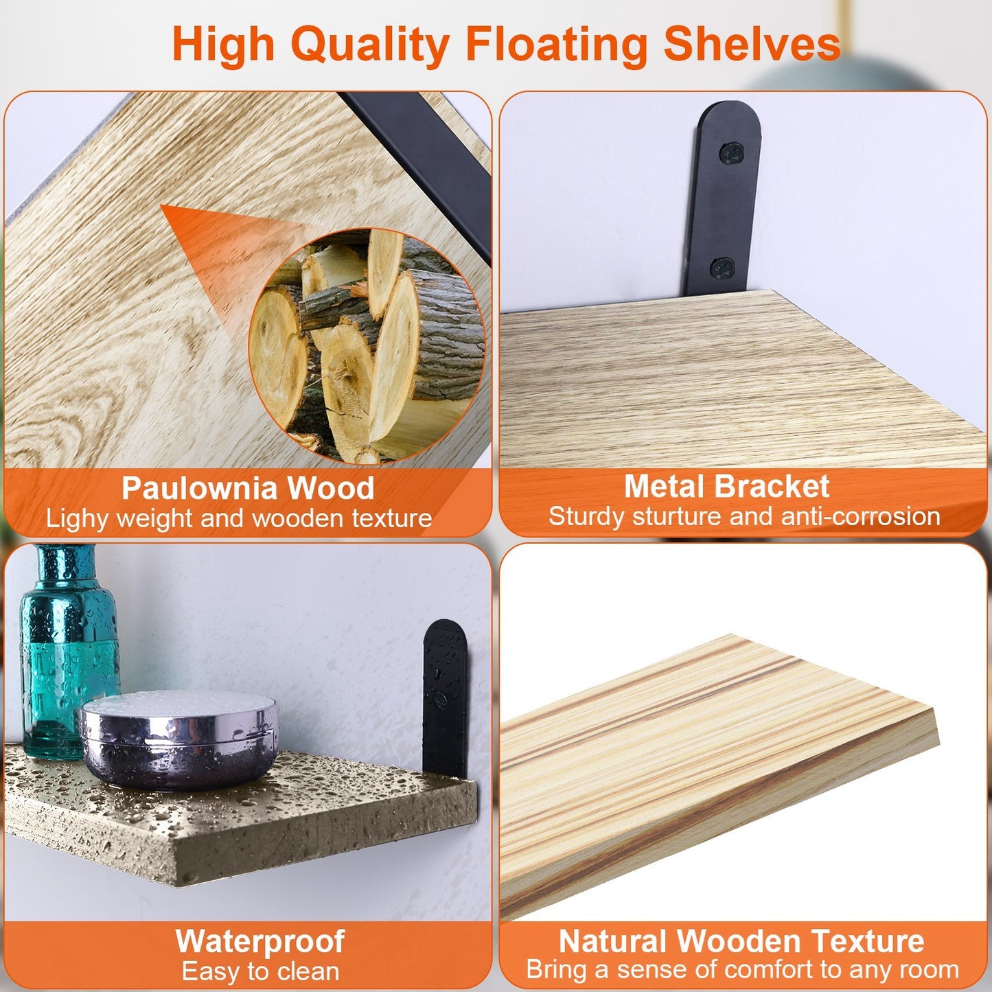 6-Piece Floating Wall Shelves with Metal Brackets