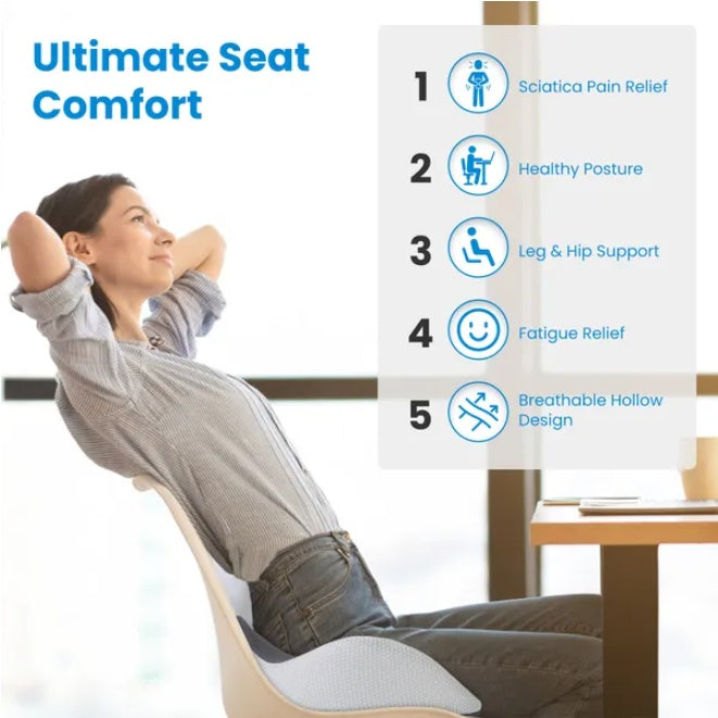 Ultimate Seat Comfort highlighting sciatica pain relief and healthy posture benefits of the memory sponge cushion.