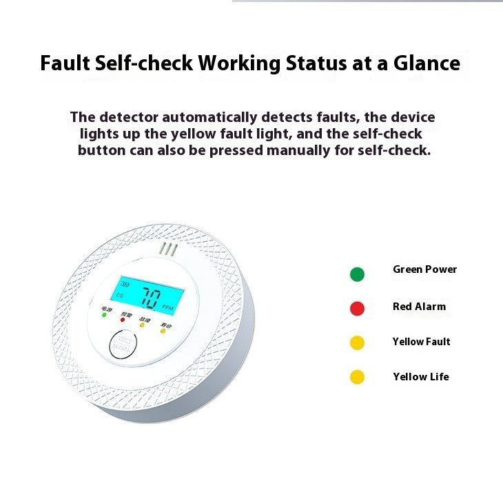 Carbon Monoxide Alarm displaying self-check status with indicator lights for power, alarm, fault, and life.