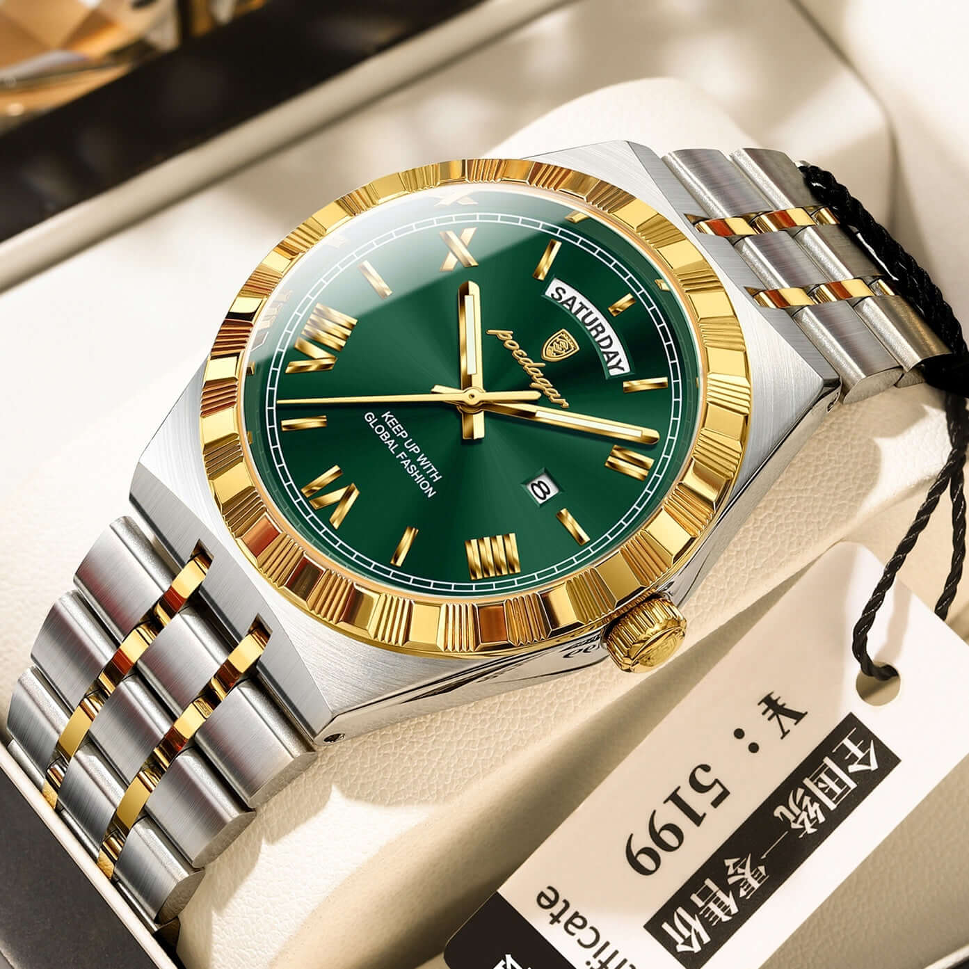 Trendy Men’s Waterproof Night Light Watch with green dial and silver and gold stainless steel band