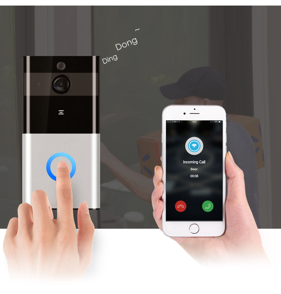 Marlboze 720P WiFi smart doorbell in use, showing motion detection and smartphone call feature.