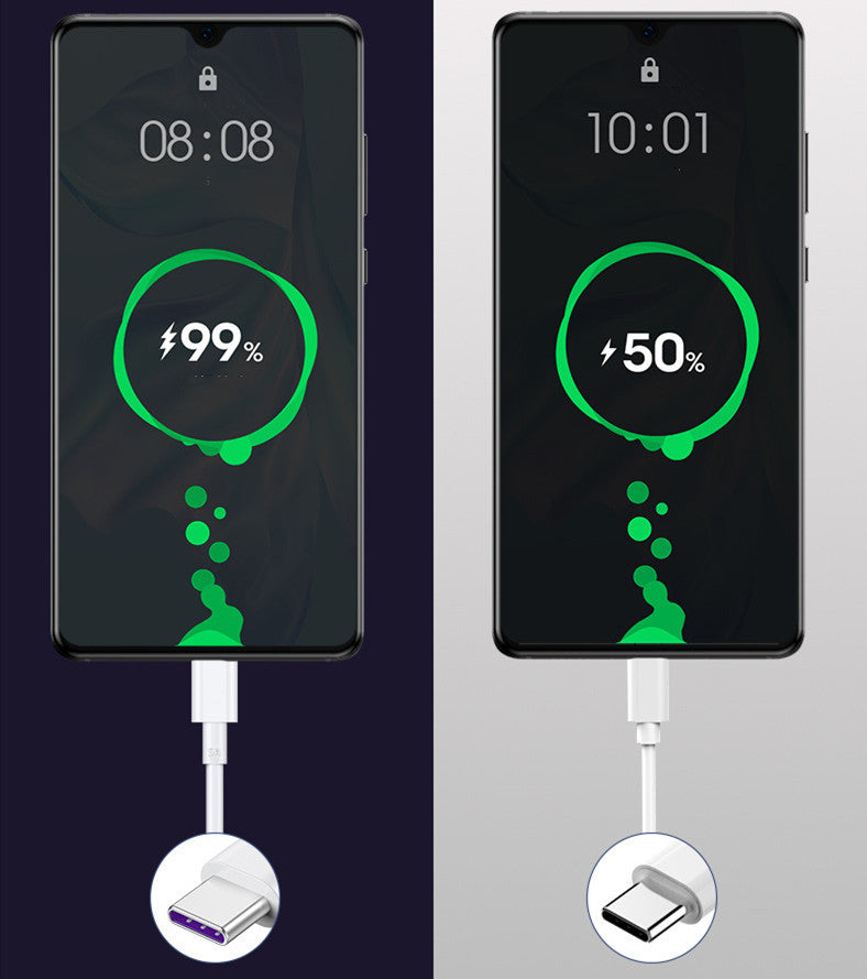 Super fast charging USB data cable connected to mobile phones displaying battery levels 99% and 50%.