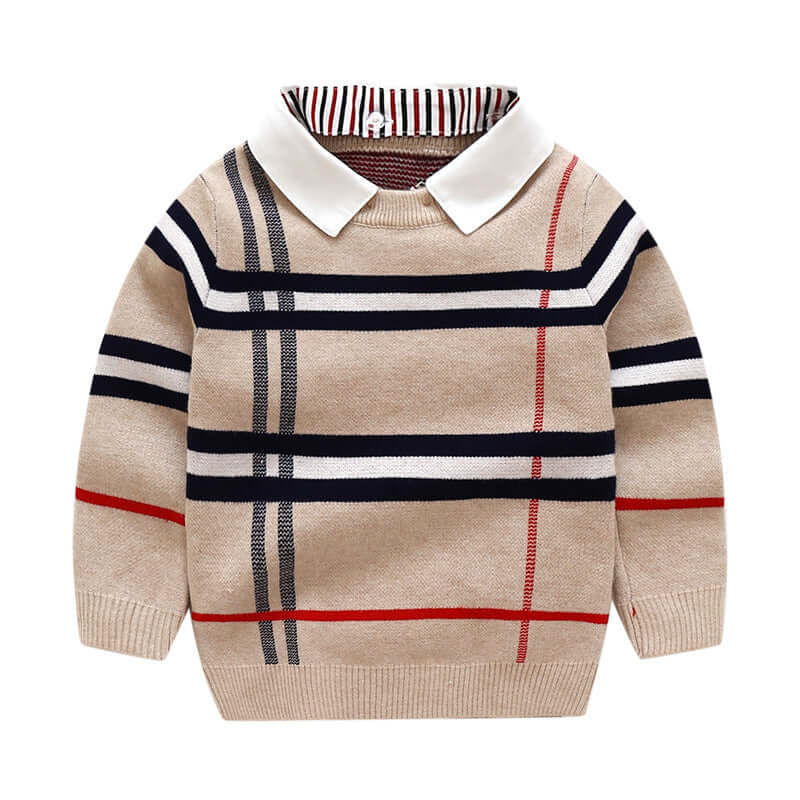 Boys plaid jacquard sweater with long sleeves and collared design, perfect for autumn and winter wear.
