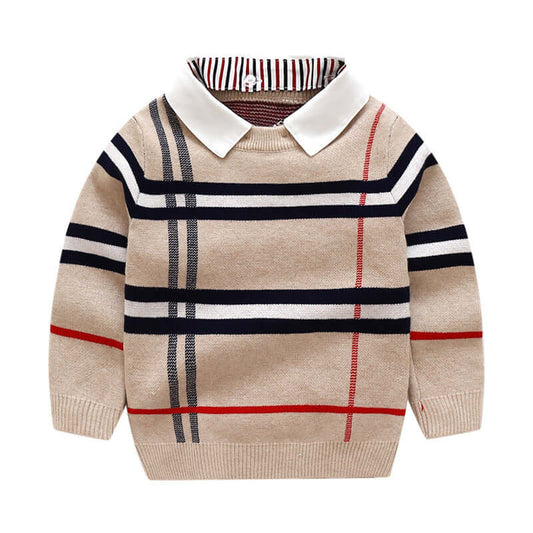 Boys plaid jacquard sweater with long sleeves and collared design, perfect for autumn and winter wear.