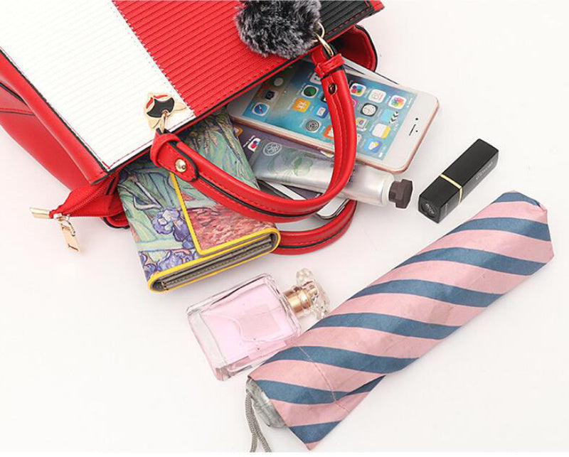 Women’s Patchwork Handbag with Hairball Ornament