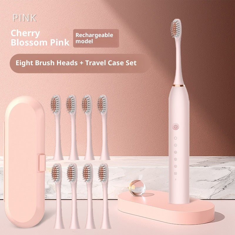 Rechargeable automatic electric toothbrush with soft bristles, eight brush heads, and travel case included.