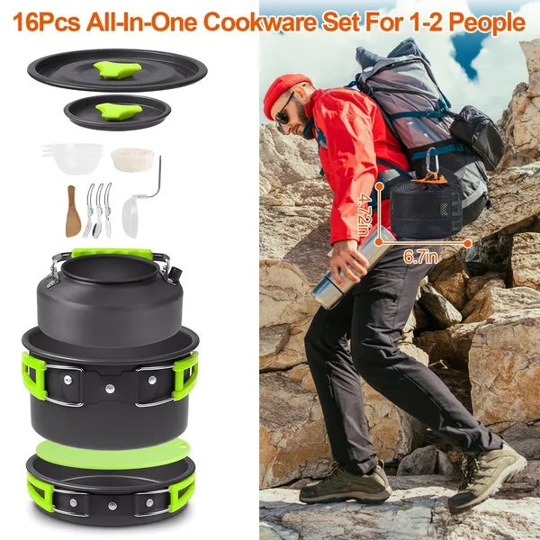 16Pcs Camping Cooking Ware Set with foldable cutlery, ideal camping stove cookware kit for outdoor adventures.