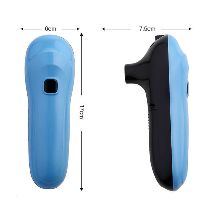 USB rechargeable vacuum sealer in blue and black, dimensions 6cm x 17cm x 7.5cm, perfect for vacuum sealing.
