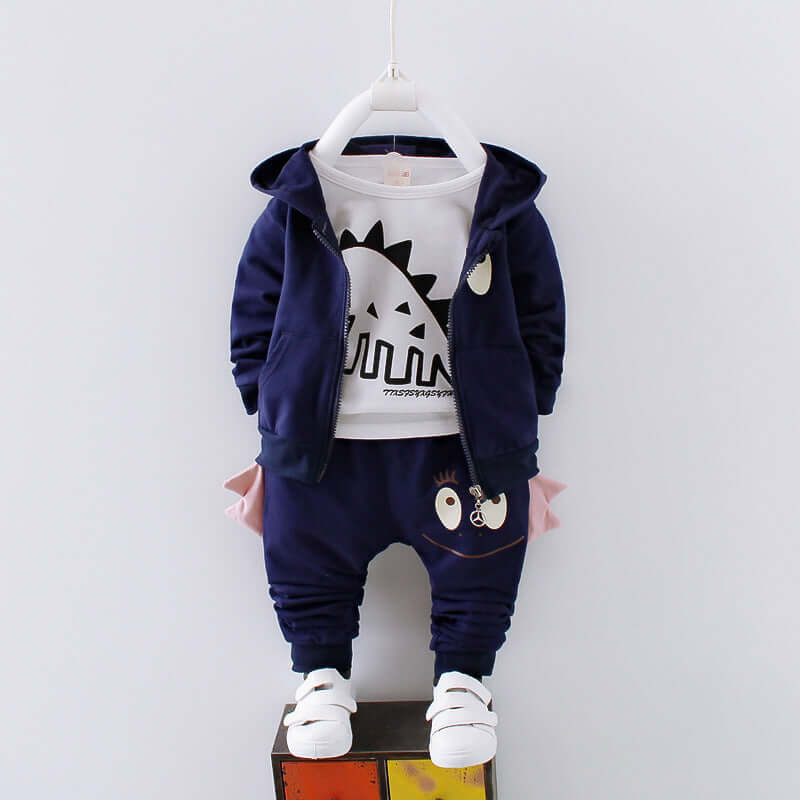 Boys Cotton Casual Clothing Set featuring a navy sports suit with long sleeves and playful design, perfect for spring.