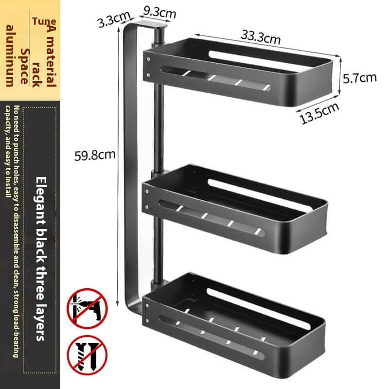 Punch-Free Kitchen Wall Storage Rack in elegant black, three-layer aluminum design for efficient kitchen organization.