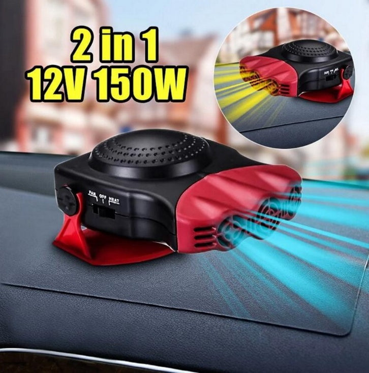 Portable windshield defroster shown as a 2 in 1 car mounted fan with heating and cooling functions.