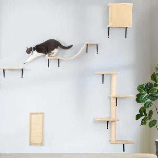 5Pcs Wall Mounted Cat Climbing Set with Shelves & Scratching Posts