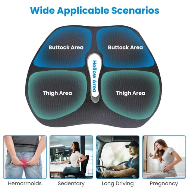 Memory sponge cushion for hemorrhoids, sedentary use, long driving, and pregnancy support with labeled areas.