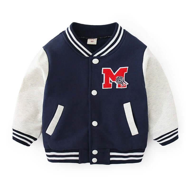 Children’s Cardigan Baseball Sweater Set in navy with embroidered letter M, stylish and comfortable cotton fabric.
