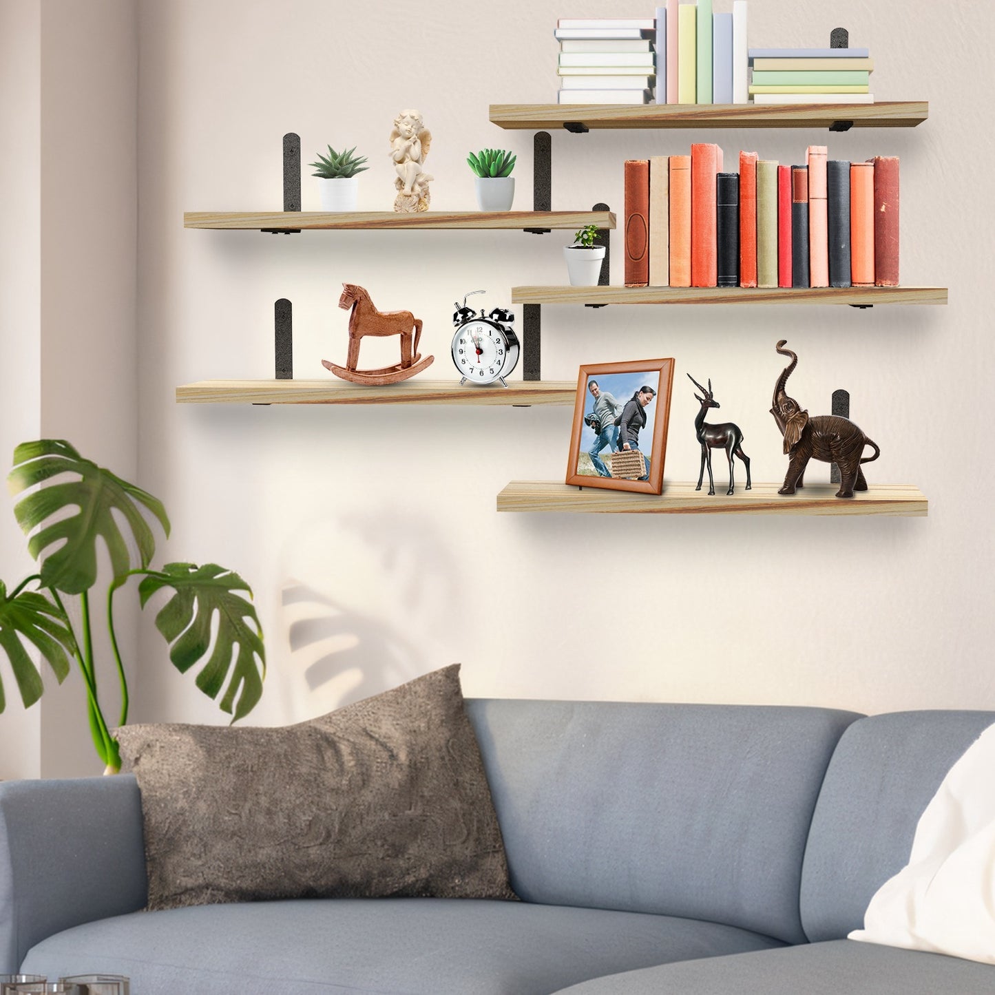 6-Piece Floating Wall Shelves with Metal Brackets