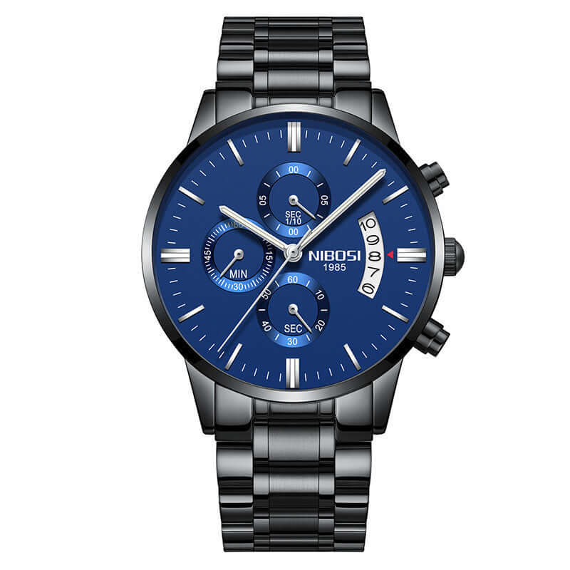 Stylish men watch with a blue dial and black stainless steel strap, perfect for everyday wear or special occasions.