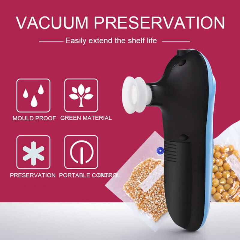 USB rechargeable vacuum sealer pump for vacuum preservation and extending shelf life.
