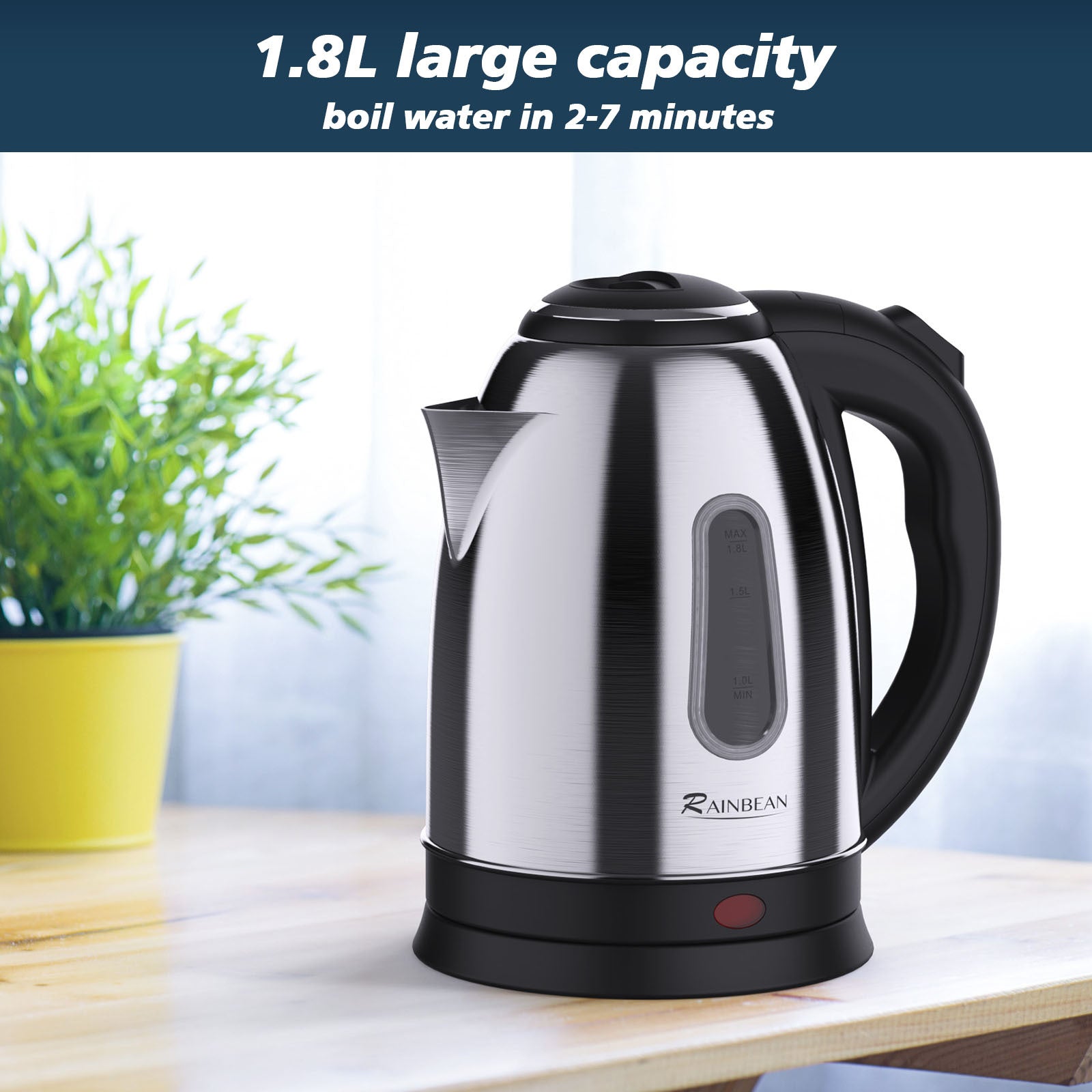 Electric kettle 1.8L stainless steel with auto shut-off boiling water in 2-7 minutes.