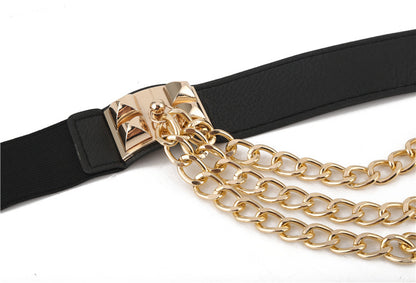 Women’s Elastic Dress Belt with Gold Chain Rivet – Punk Style