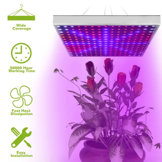 Full Spectrum Indoor Plant Growth Lamp providing light over a potted plant with purple flowers and icons for features.