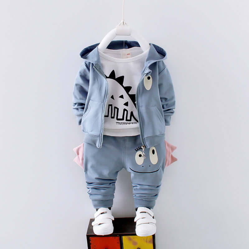 Boys Cotton Casual Clothing Set featuring a blue sports suit with dinosaur design, perfect for spring and long sleeve wear.