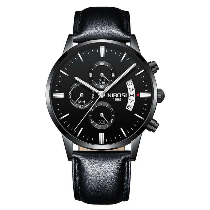 Elegant men watch featuring a black leather strap and stylish multi-functional dials.