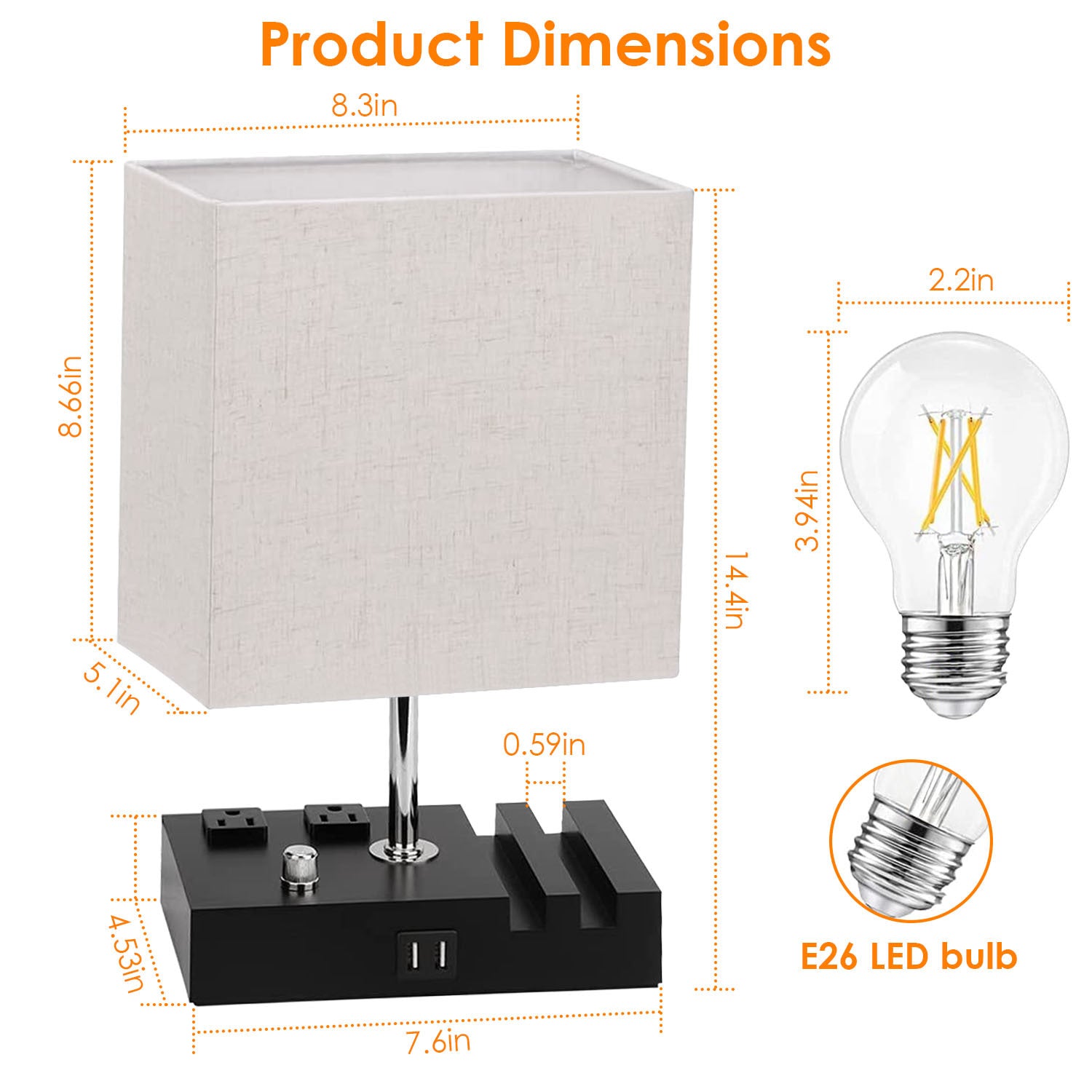 Dimensions of a fully dimmable table lamp with USB ports and power outlets for easy connectivity.