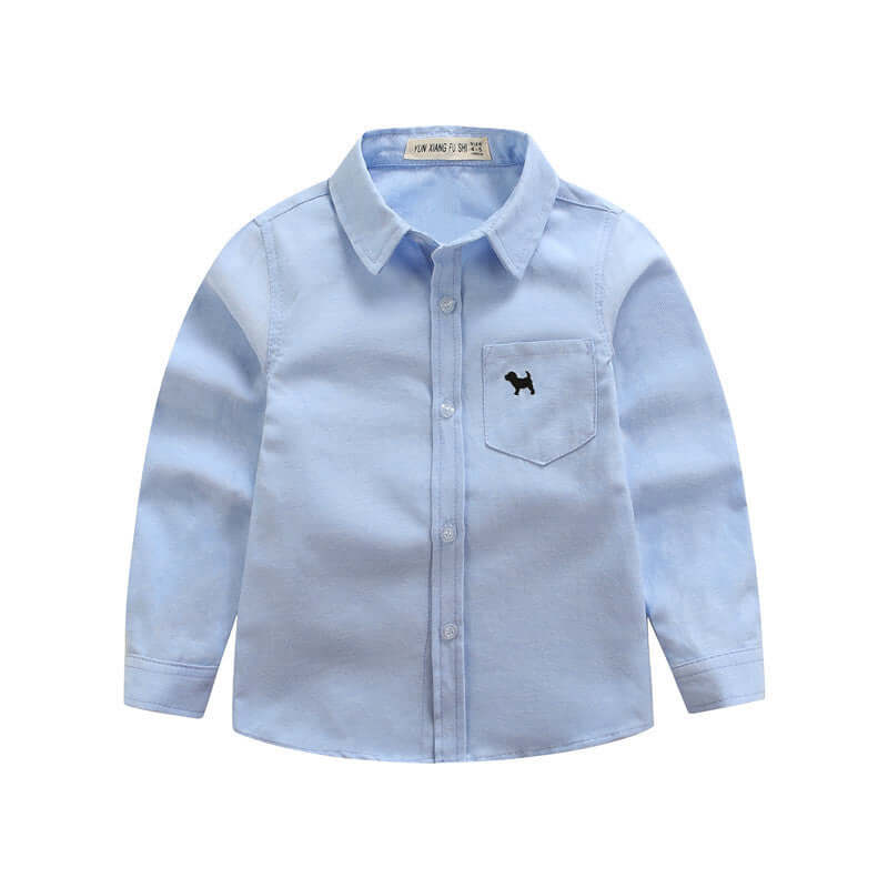 Boys' long sleeve shirt in light blue with lapel collar and dog design on pocket.