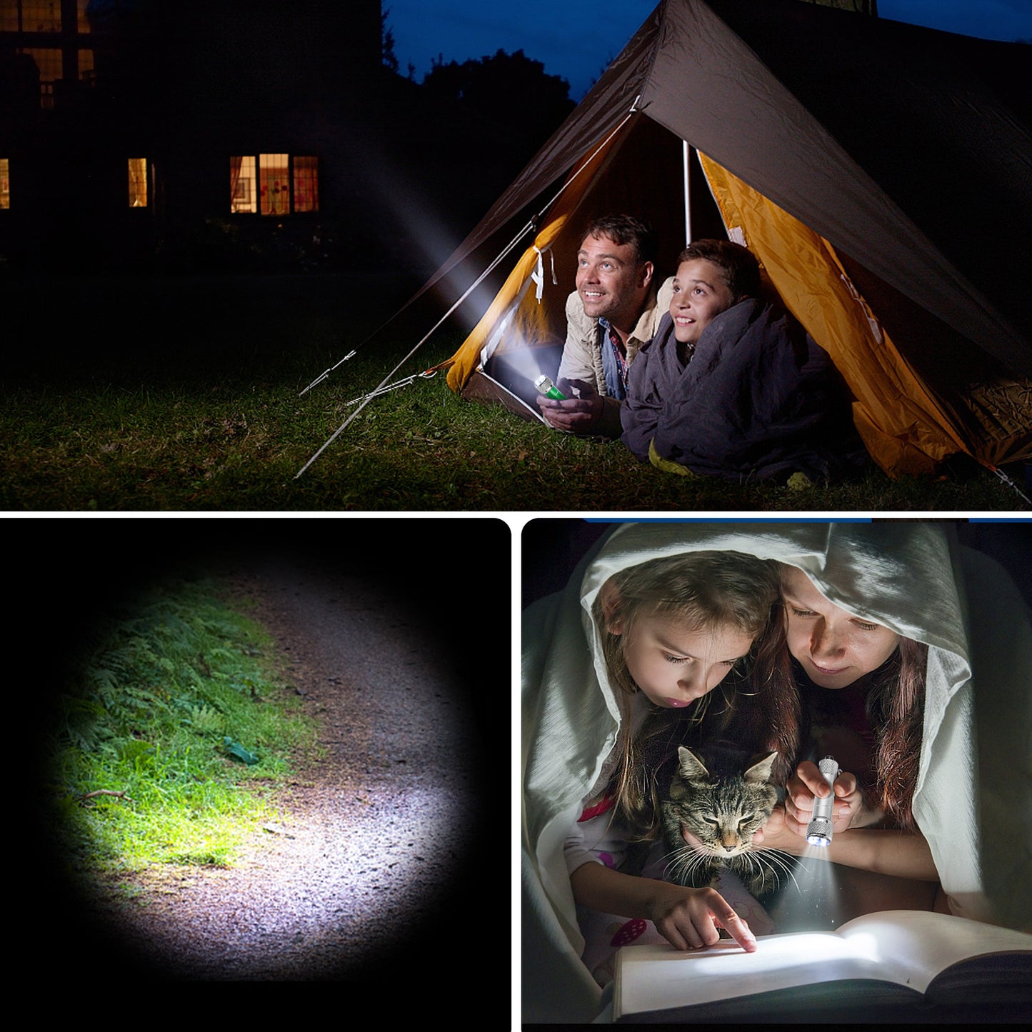 Emergency night light flashlight portable LED torch used during camping by family, providing light in dark situations.