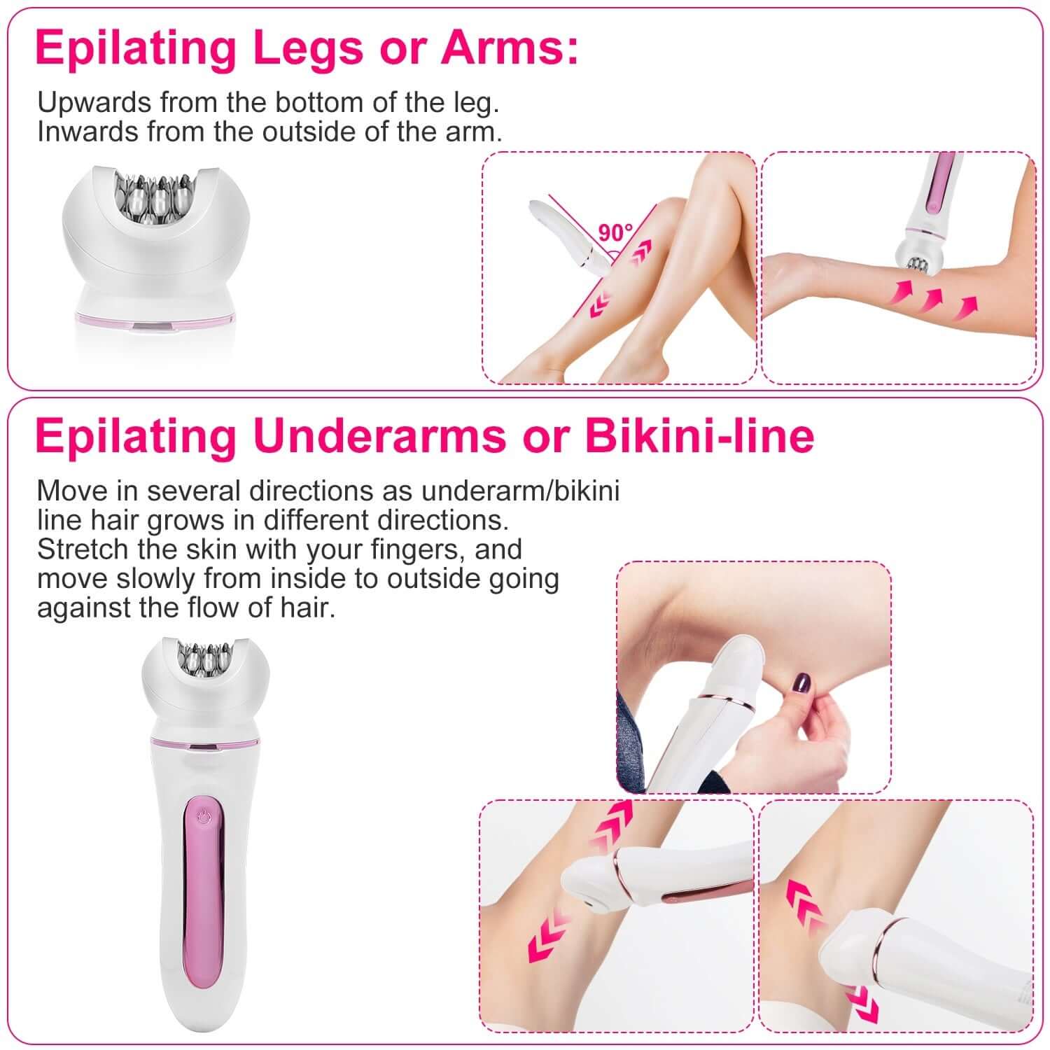 Image showing the 5-in-1 Electric Women’s Grooming Kit, demonstrating epilating methods for legs, arms, underarms, and bikini-line.