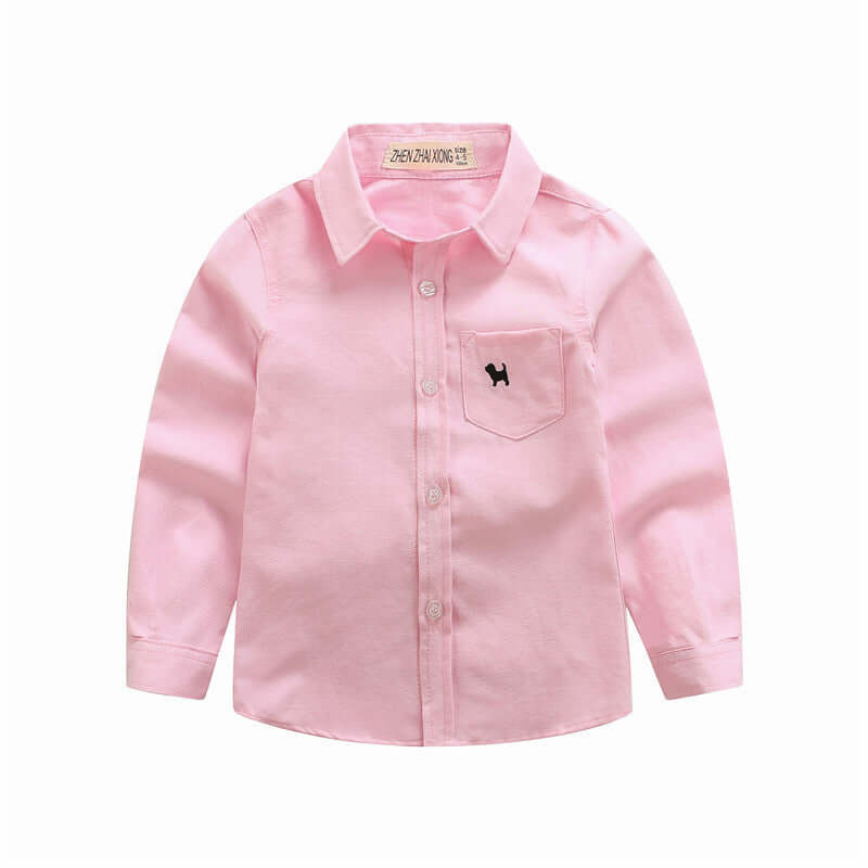 Boys’ long sleeve shirt in pink cotton with lapel collar and front pocket, perfect for casual wear.