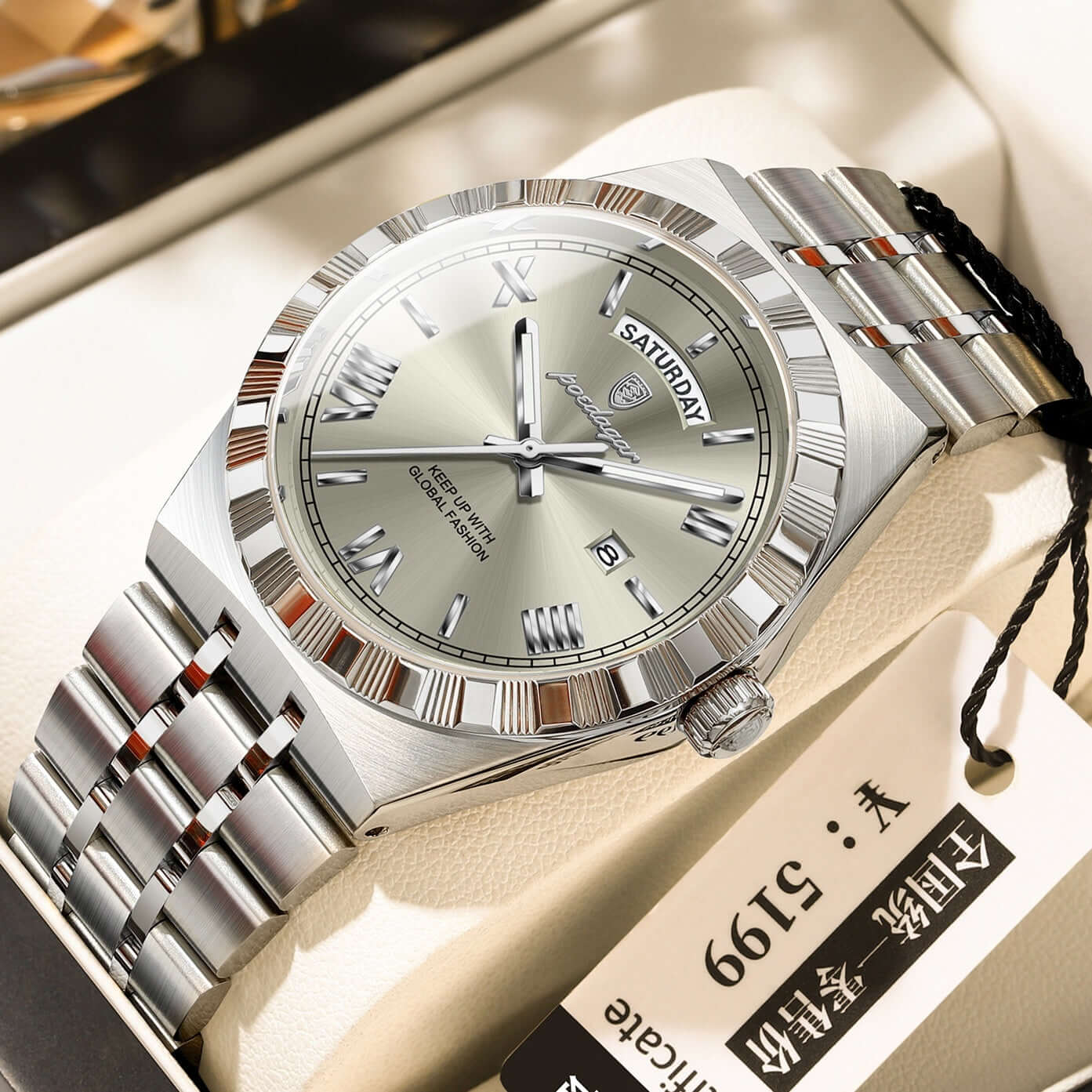 Trendy men’s waterproof night light watch with stylish silver design and luminous dial for easy visibility.