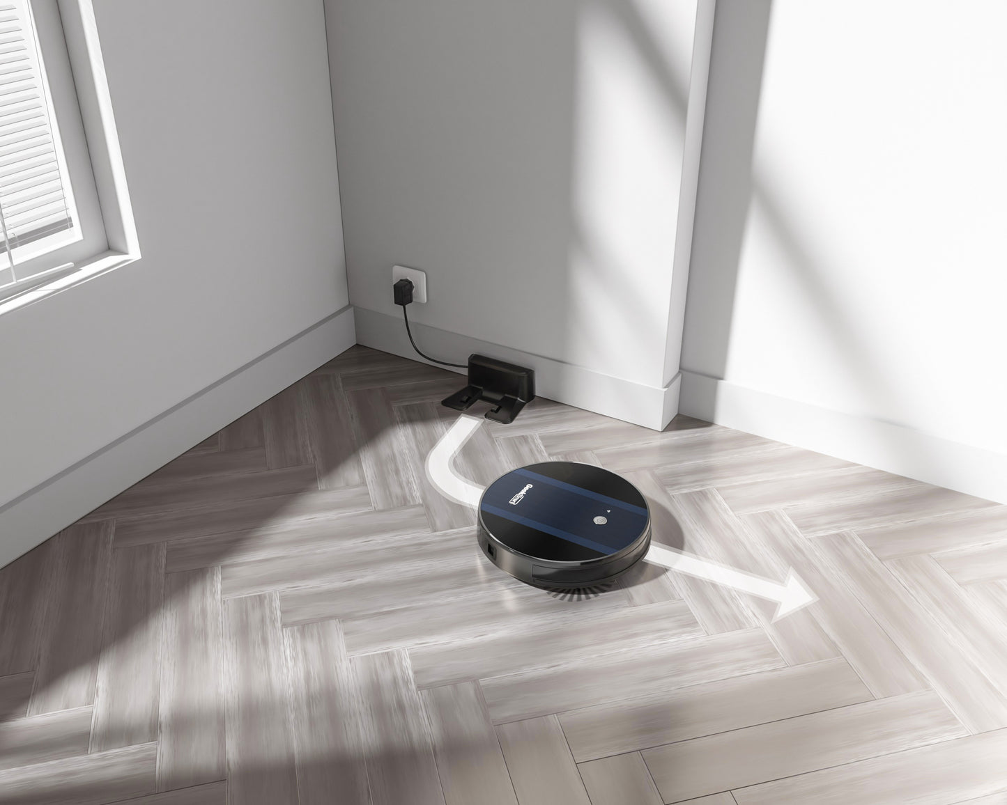 Geek Smart Robot Vacuum Cleaner G6 Plus returning to charging dock on hard floor, showcasing vacuum's automatic self-charging feature.