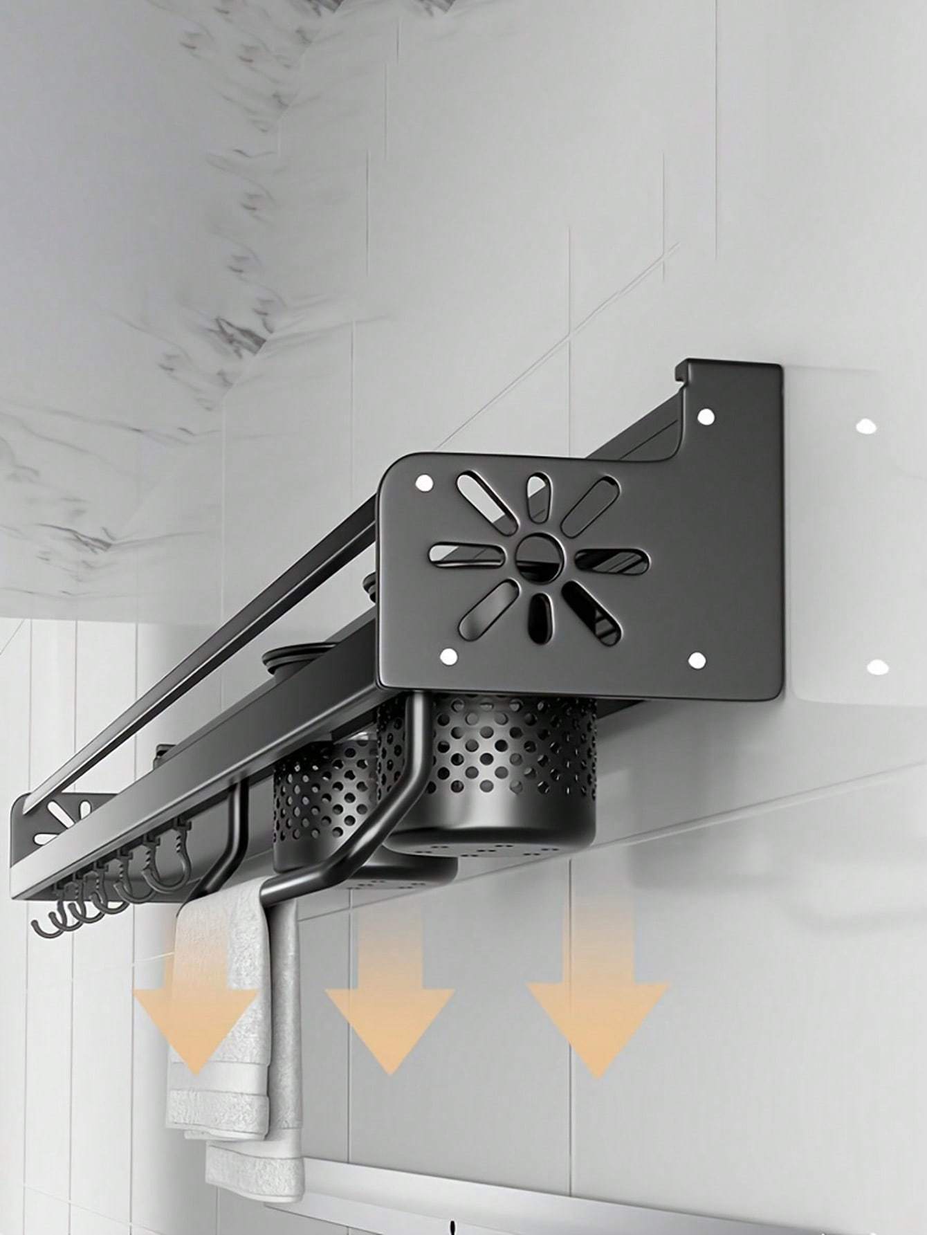 Wall-mounted multi-functional kitchen storage rack with hanging hooks and containers for organizing utensils.