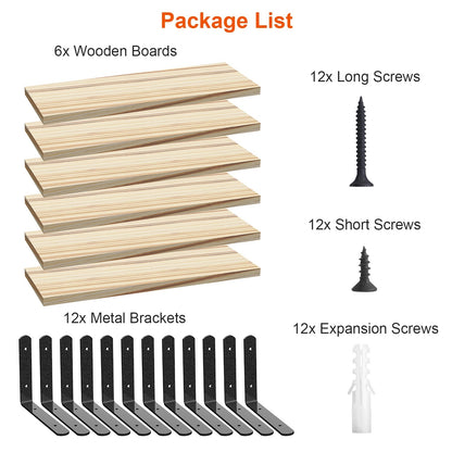 6-Piece Floating Wall Shelves with Metal Brackets