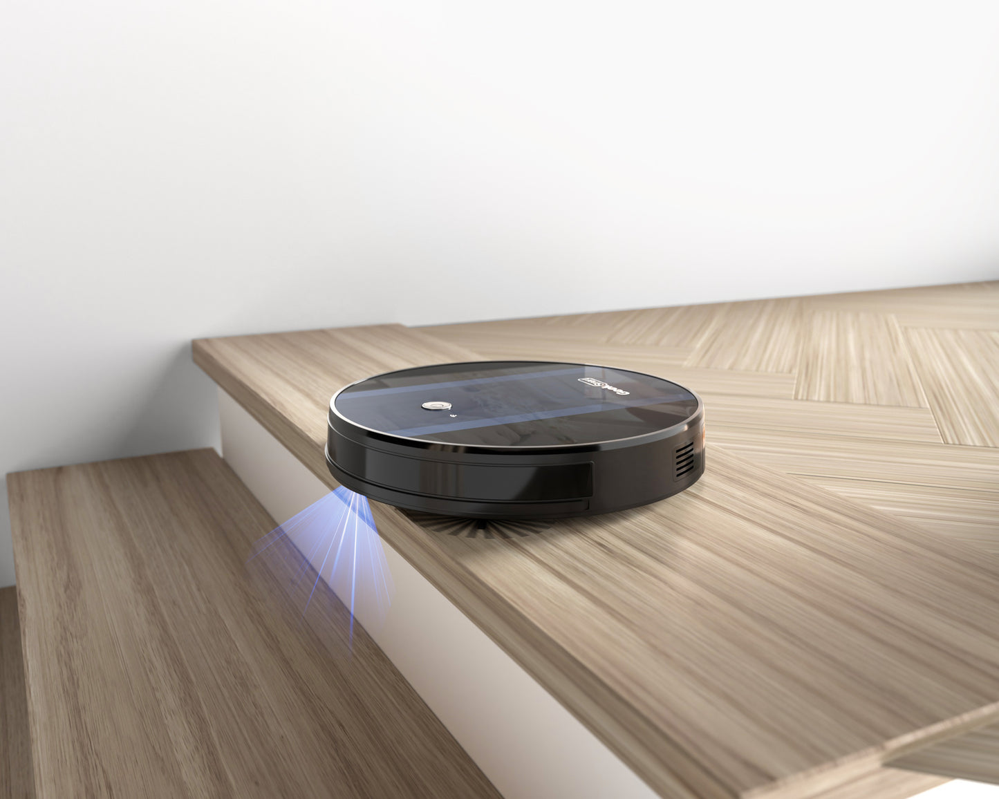 Geek Smart Robot Vacuum Cleaner G6 Plus on wooden stairs, showcasing its ultra-thin design and strong suction for effective cleaning.