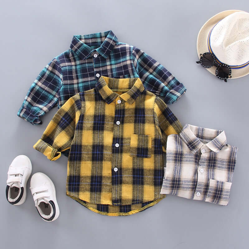 Kids Plaid Long Sleeve Shirt in blue, yellow, and gray plaid patterns, displayed with shoes and accessories.